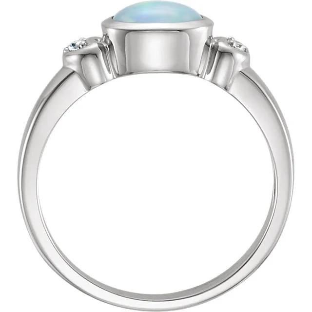 14k White Gold Bezel Oval Genuine Australian Opal & Diamond Hearts Ring