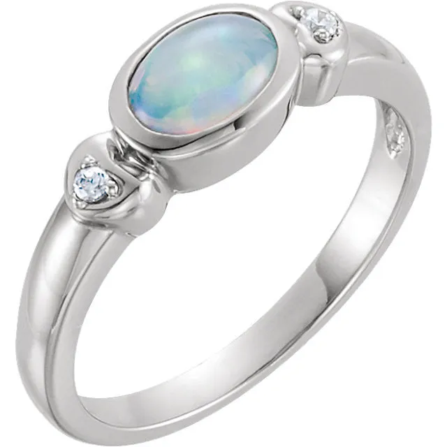 14k White Gold Bezel Oval Genuine Australian Opal & Diamond Hearts Ring