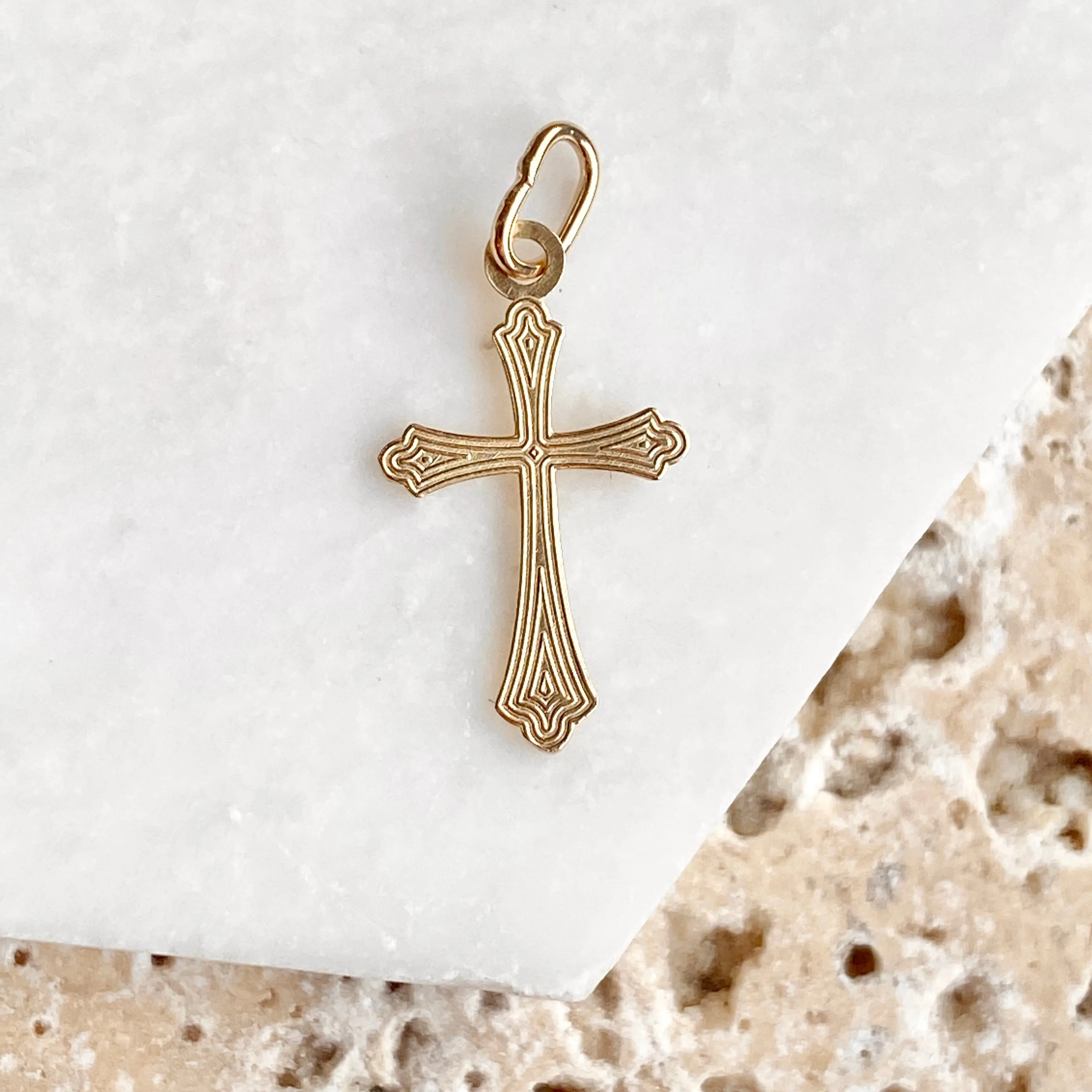 14KT Yellow Gold Textured Small Cross Pendant Charm