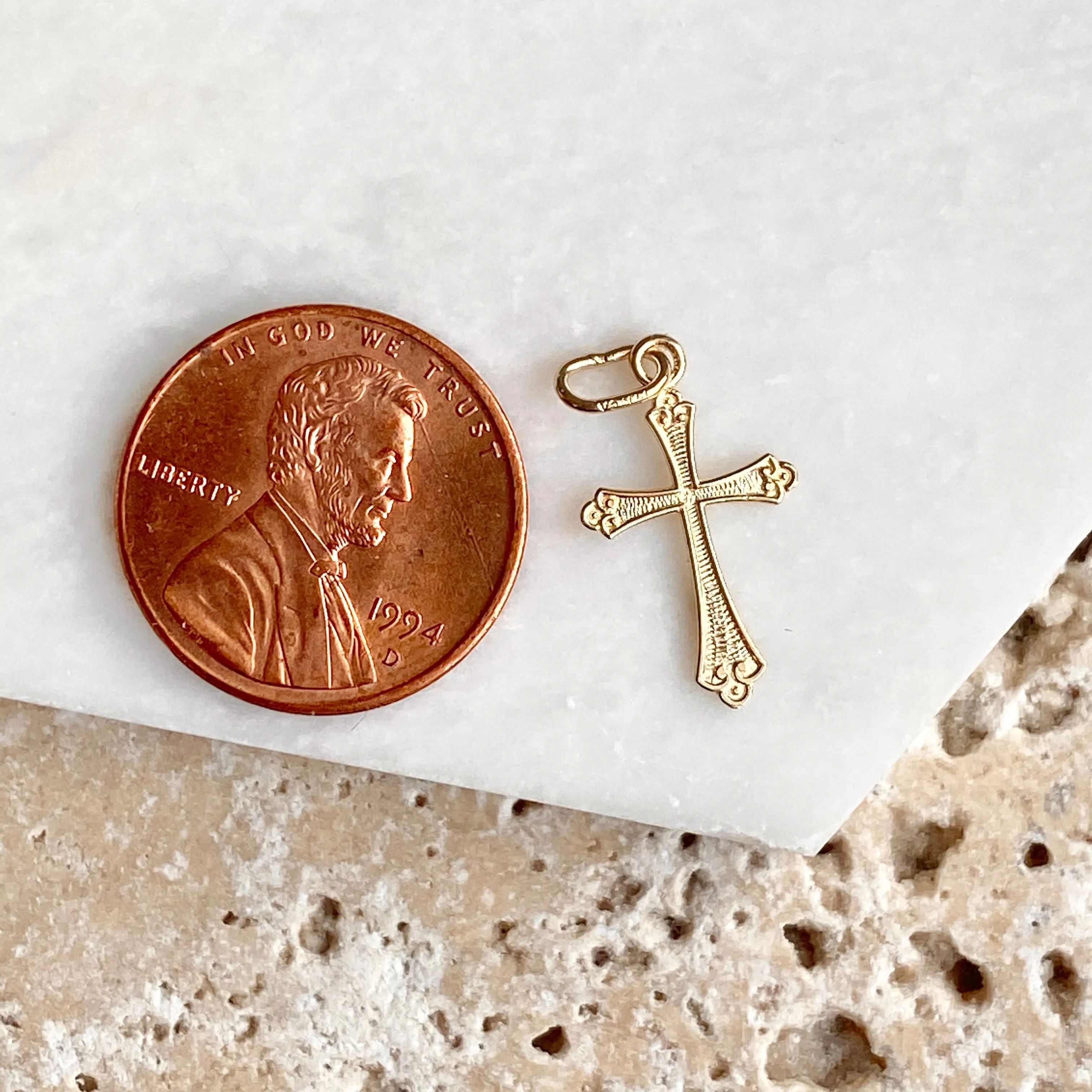 14KT Yellow Gold Textured Small Cross Pendant Charm