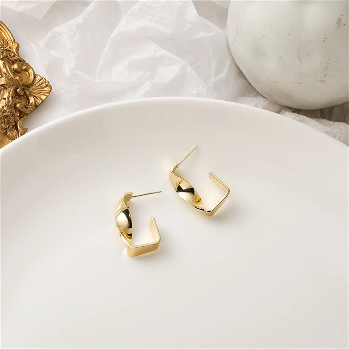 18K Gold-Plated Twisted Bar Huggie Earrings