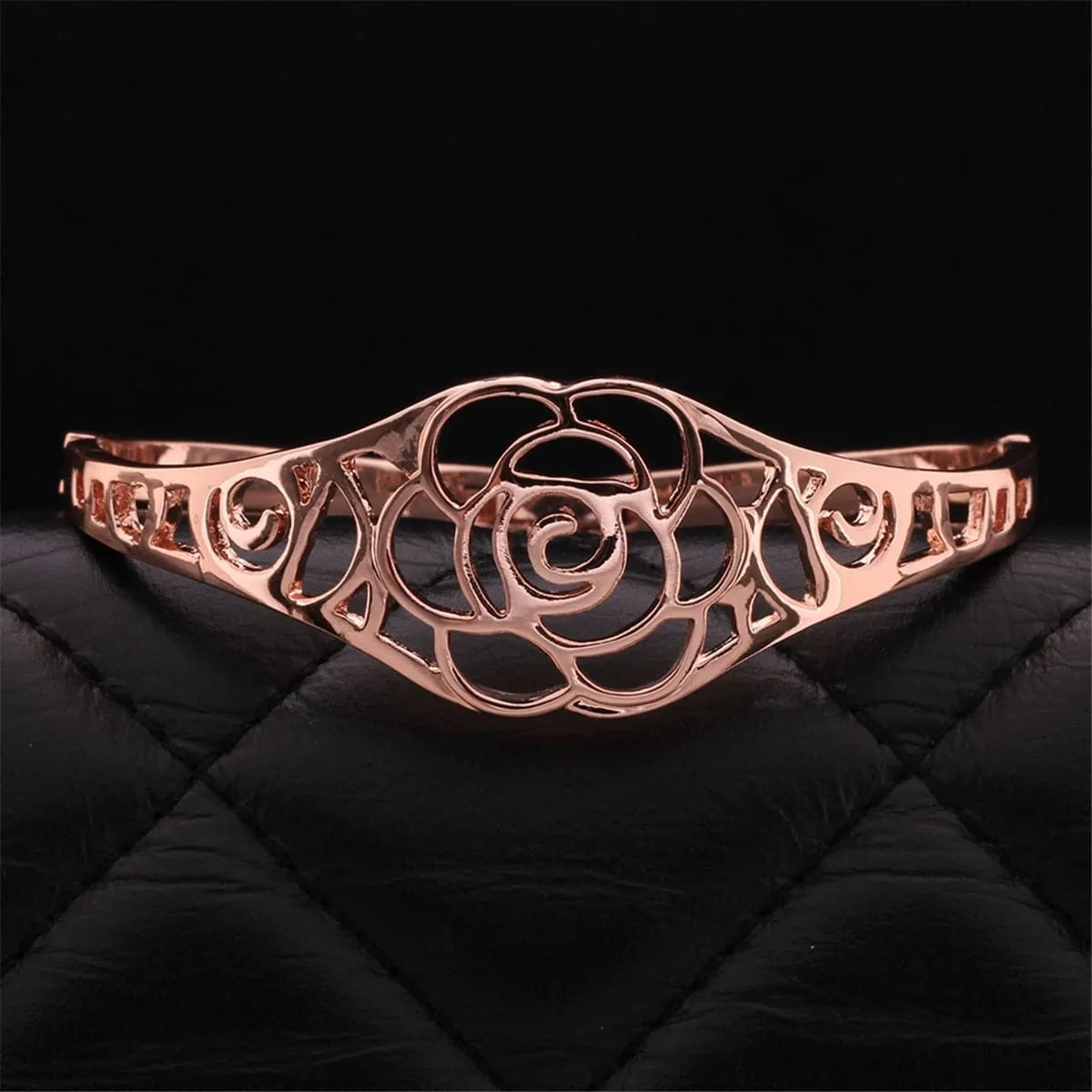 18K Rose Gold-Plated Openwork Rose Bangle