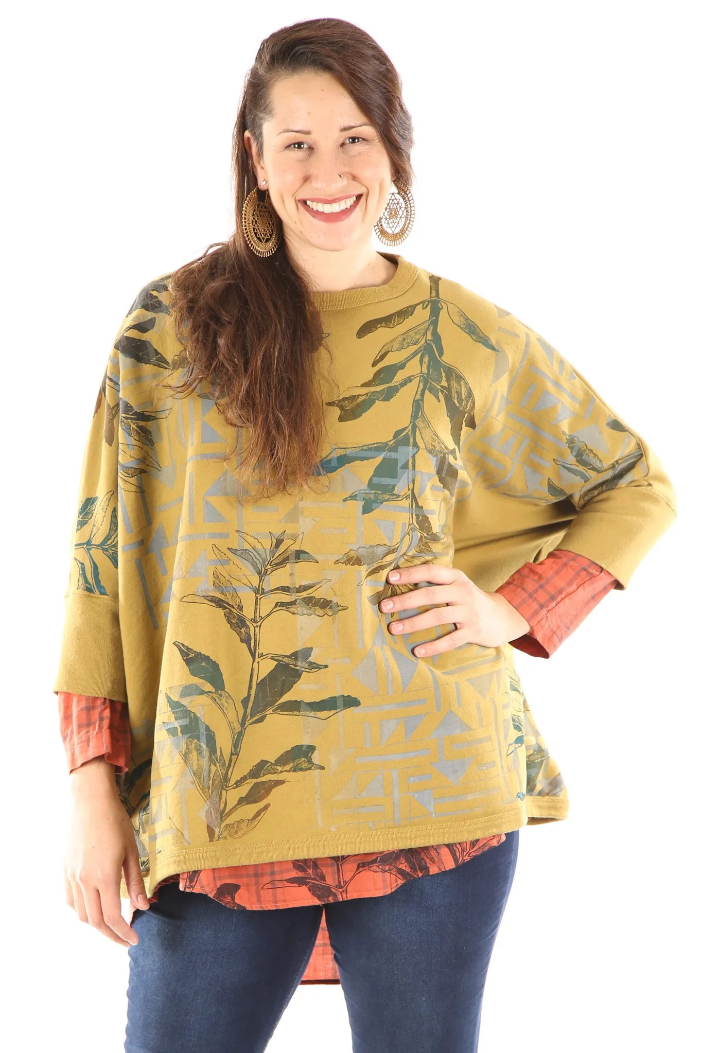2210 Cozy Fleece Square Sweatshirt -Osage-Spice Leaf Windows