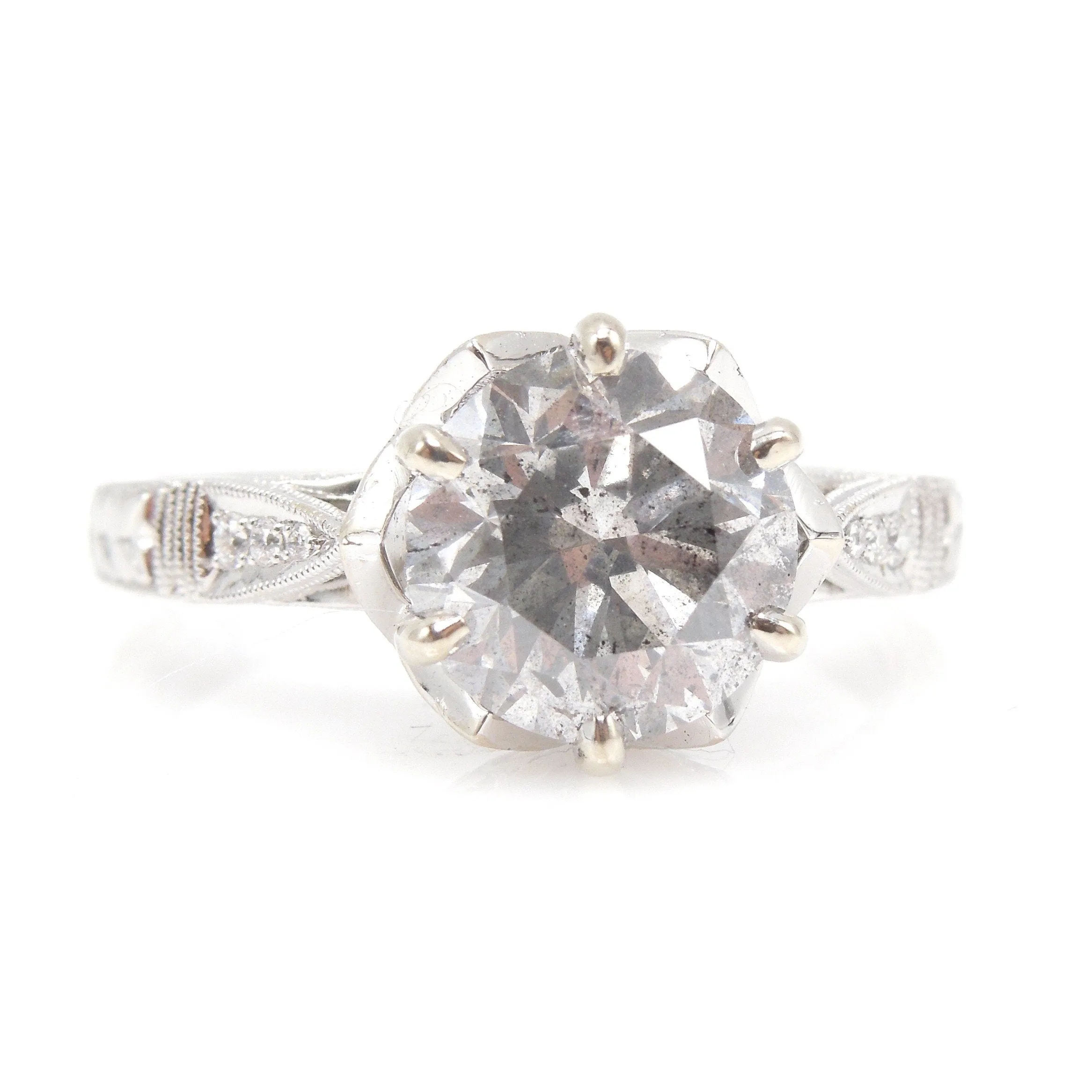 2.55 Carat Salt and Pepper Grey Diamond in Art Deco Style White Gold Mounting