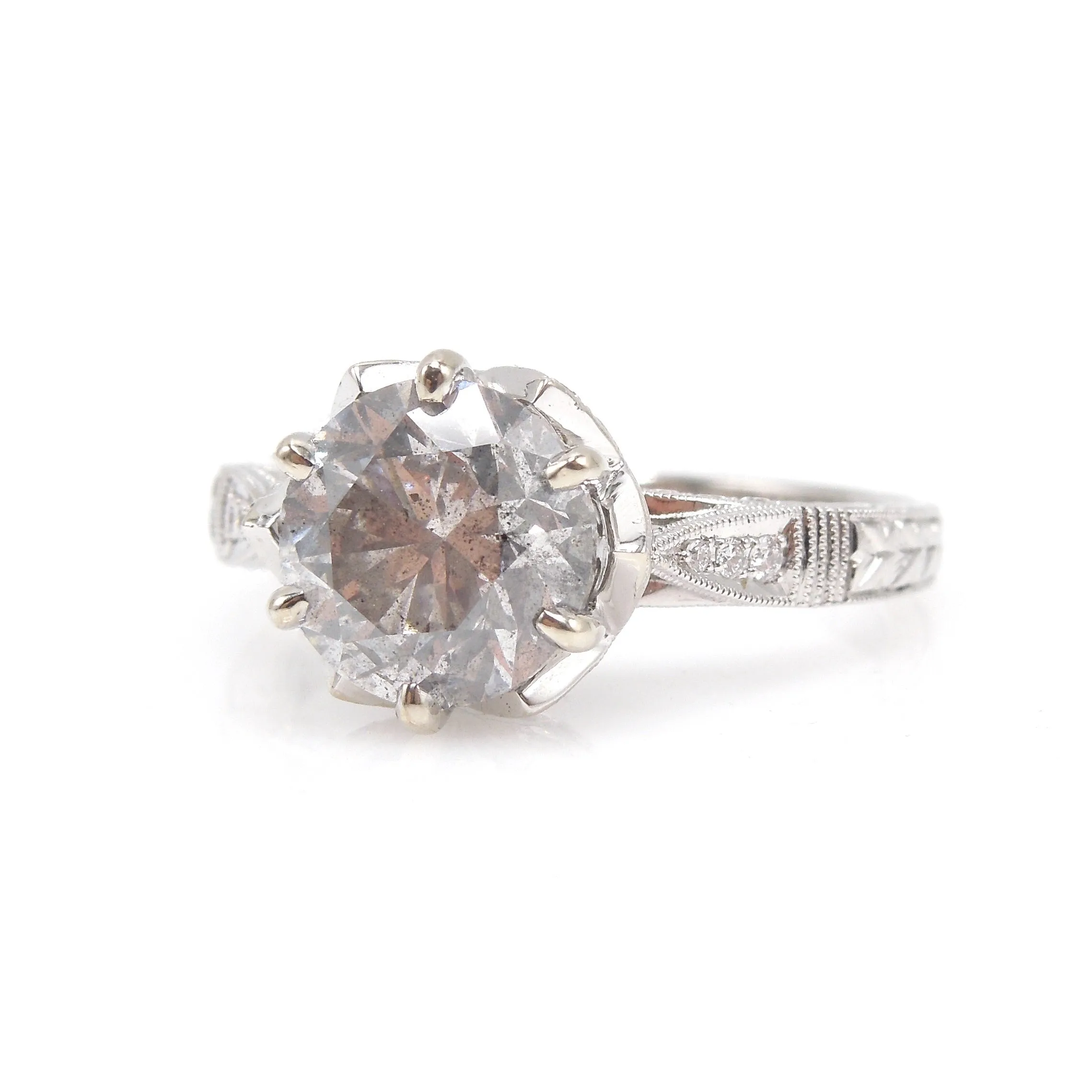 2.55 Carat Salt and Pepper Grey Diamond in Art Deco Style White Gold Mounting