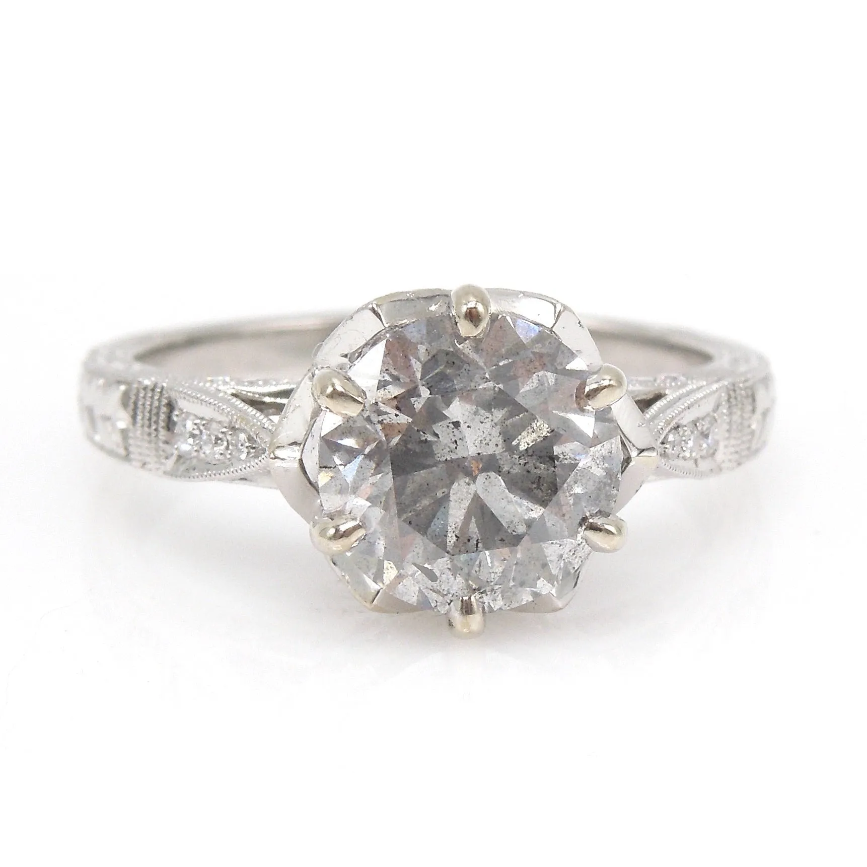 2.55 Carat Salt and Pepper Grey Diamond in Art Deco Style White Gold Mounting