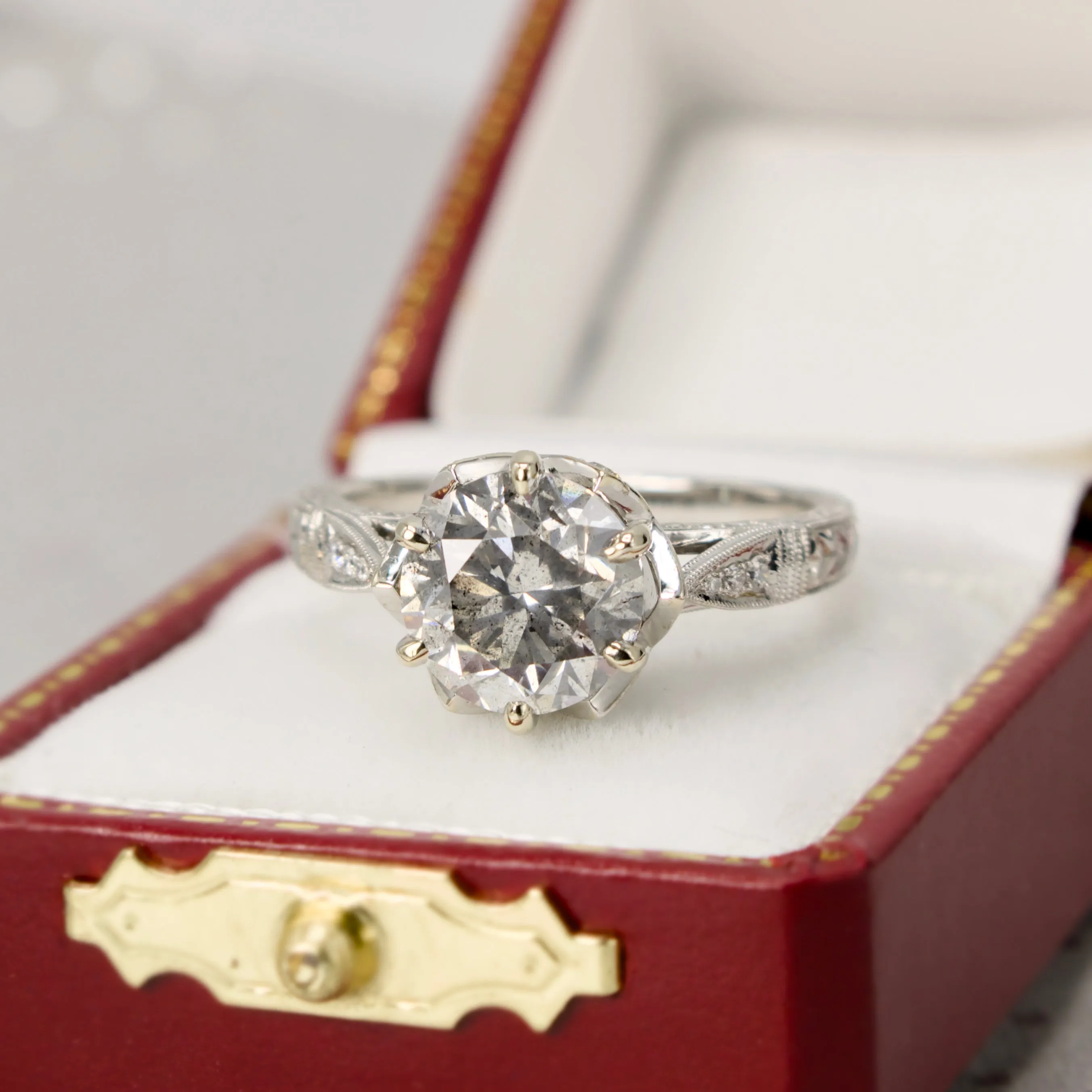 2.55 Carat Salt and Pepper Grey Diamond in Art Deco Style White Gold Mounting
