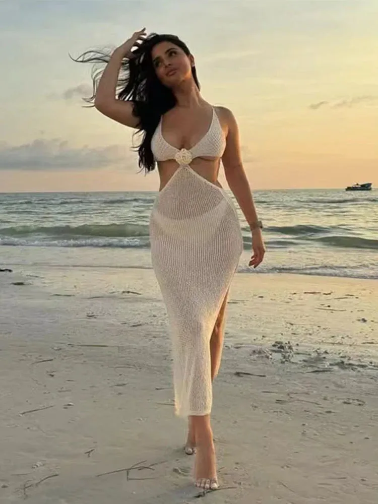 ADVBRIDGE  -  Sexy Knitted SD Flower Slim Beach Dress Women Retro Sleeveless Hollow Out Side Slit Long Dresses Female 2025 Chic Party Holiday