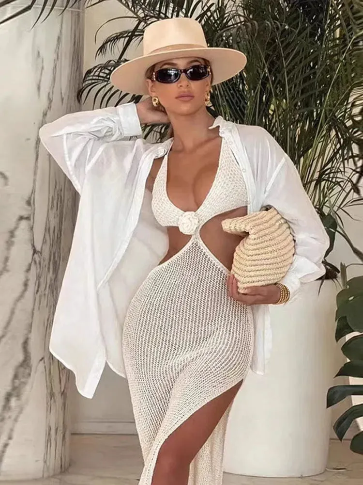 ADVBRIDGE  -  Sexy Knitted SD Flower Slim Beach Dress Women Retro Sleeveless Hollow Out Side Slit Long Dresses Female 2025 Chic Party Holiday