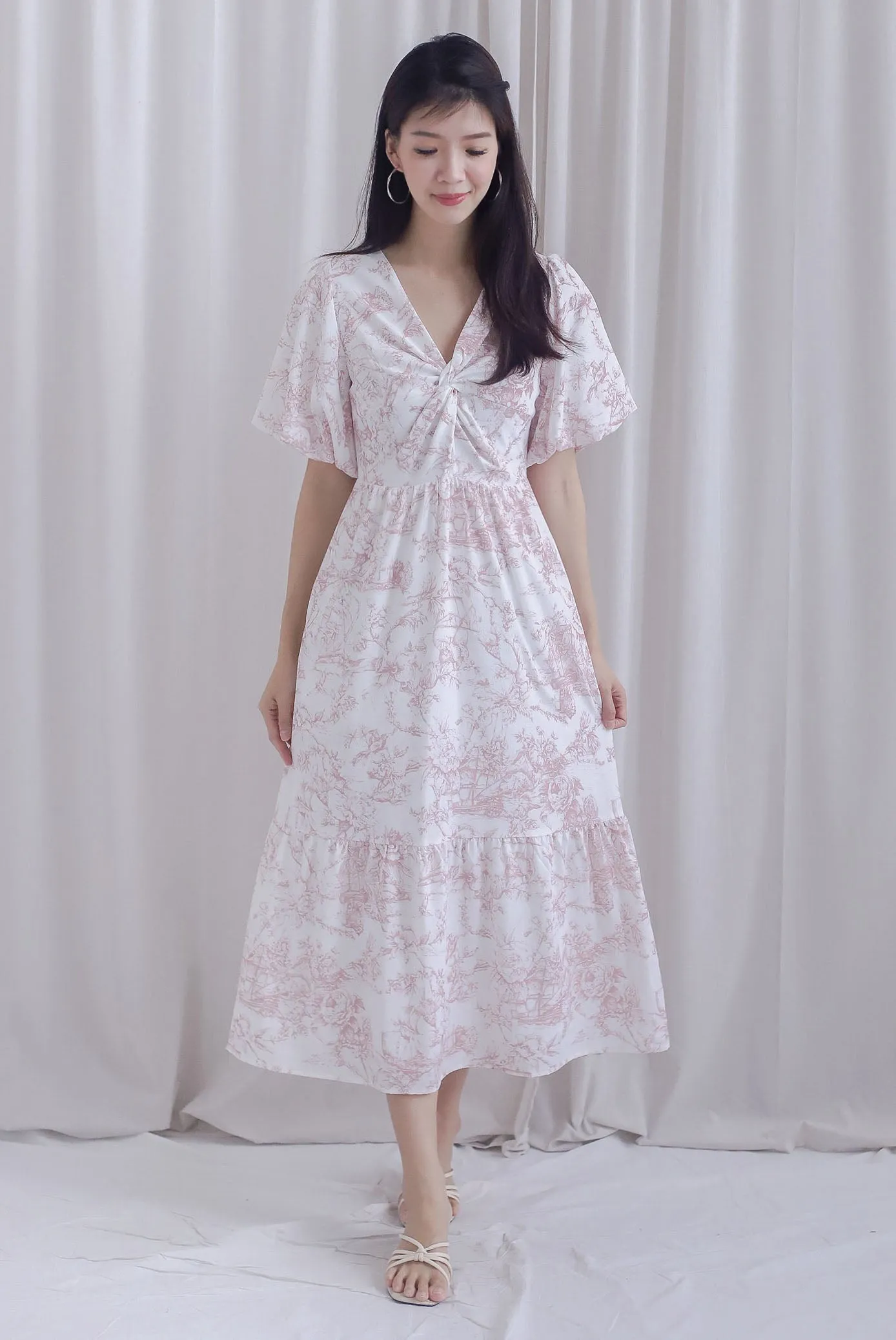 Alesha Puffy Sleeve Twist Knot Maxi Dress In Pink Porcelain