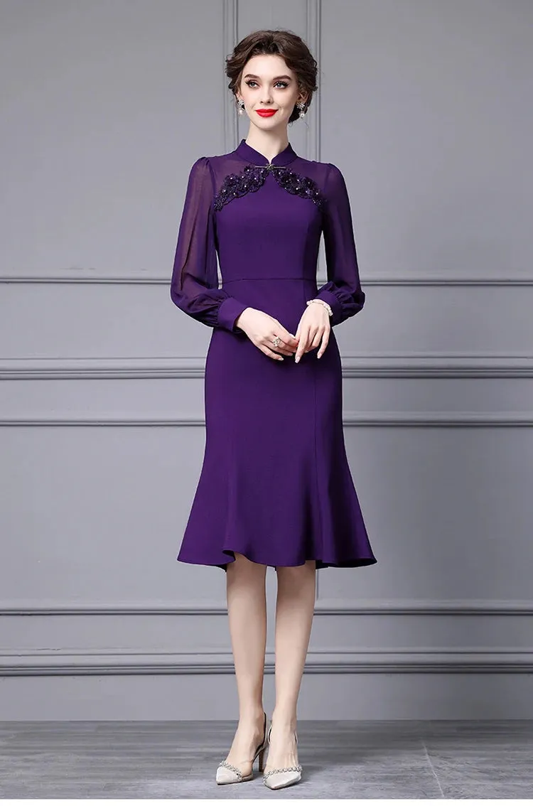 Amoural Applique High Waist Slim Package Buttocks Long Dress
