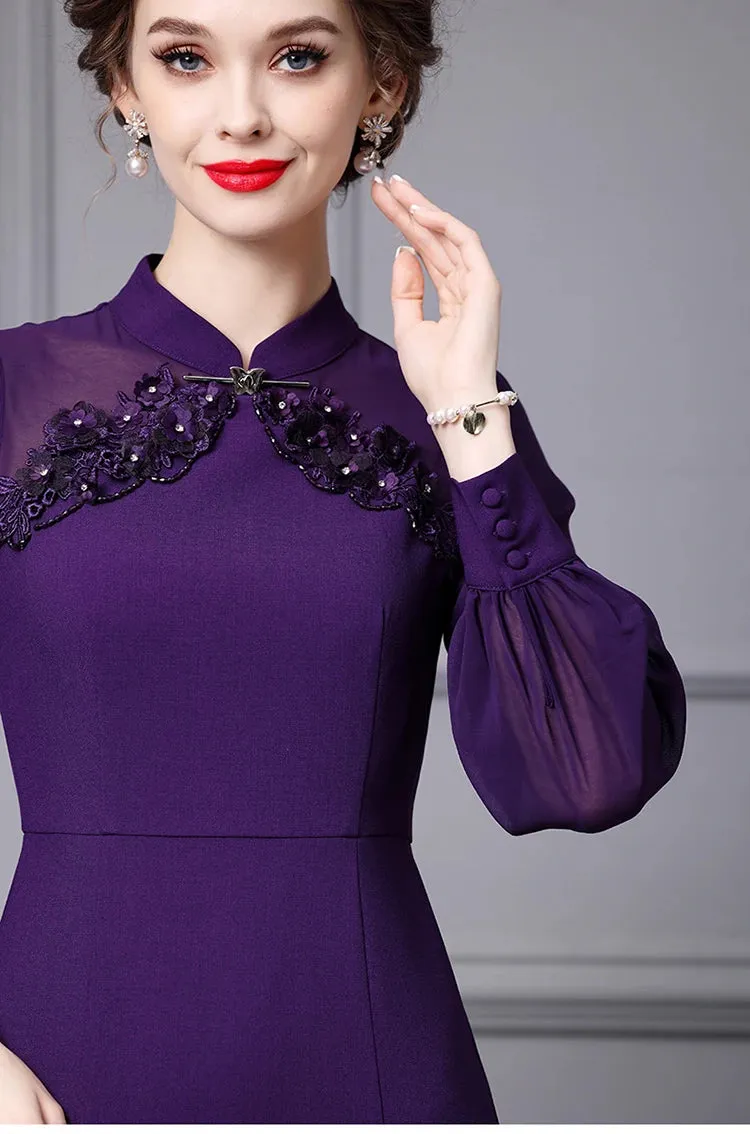 Amoural Applique High Waist Slim Package Buttocks Long Dress