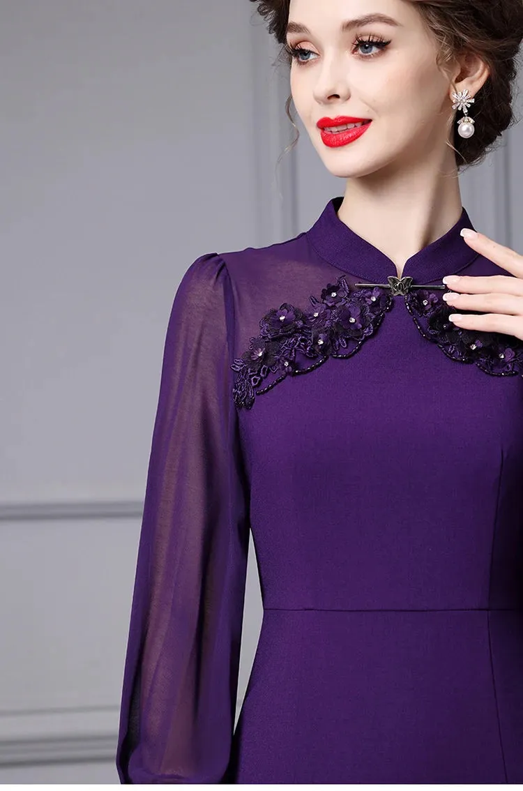 Amoural Applique High Waist Slim Package Buttocks Long Dress