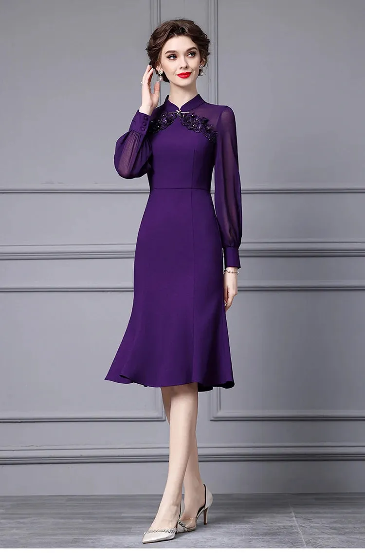Amoural Applique High Waist Slim Package Buttocks Long Dress
