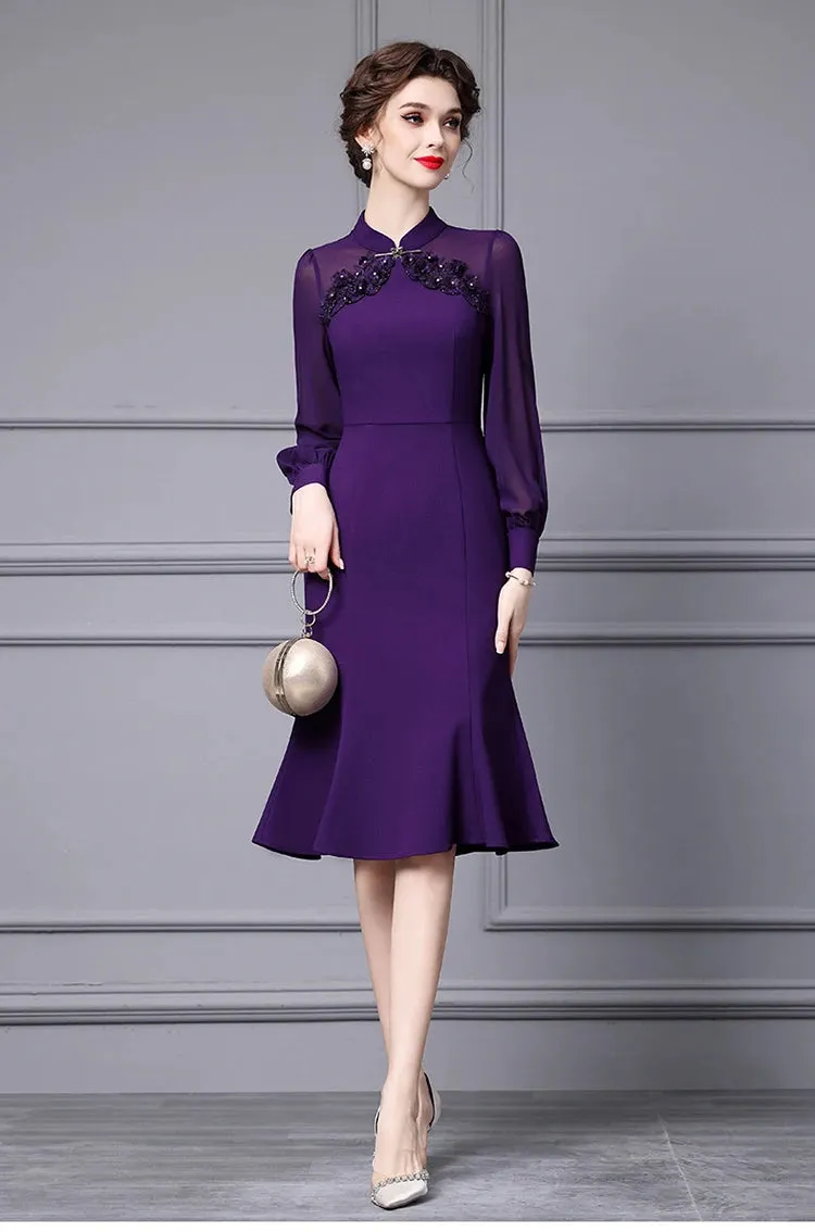 Amoural Applique High Waist Slim Package Buttocks Long Dress