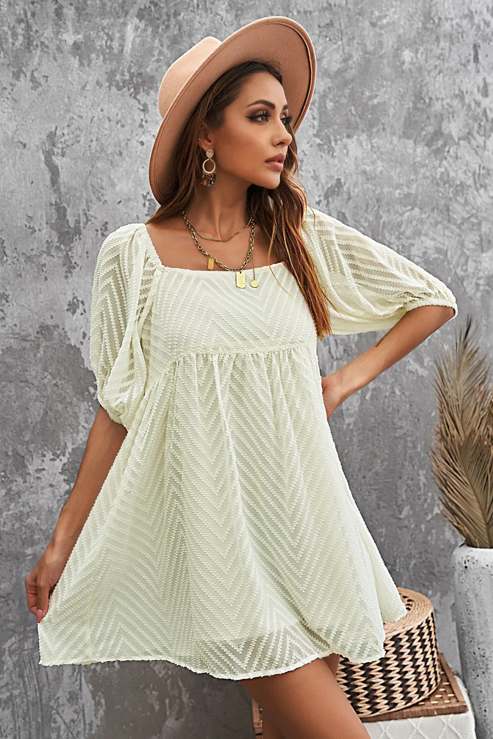 Apricot Square Neck Puff Sleeve Babydoll Mini Dress