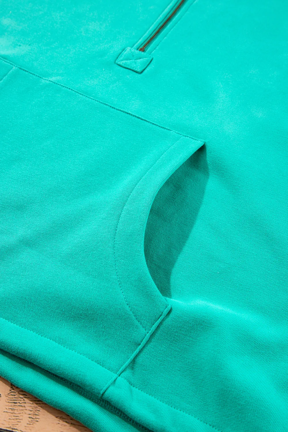Aruba Blue Fleece Lined Half Zipper Kangaroo Pockets Loose Hoodie