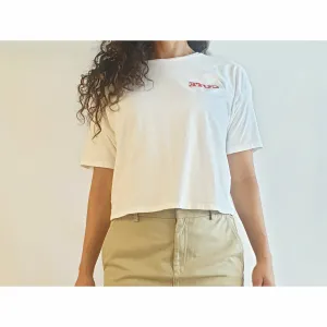 Asos second hand white cropped tee shirt with "CUTE" written backwards size 12