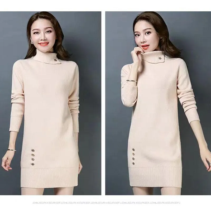 Autumn and Winter Long Turtleneck Sweater Knit Loose and Thin Base Shirt Plus Fluff Thick Dress