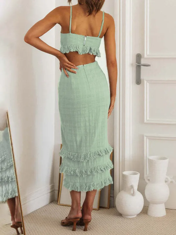 Backless Midi Dress with Ruffled Hem and Cut-Out Design