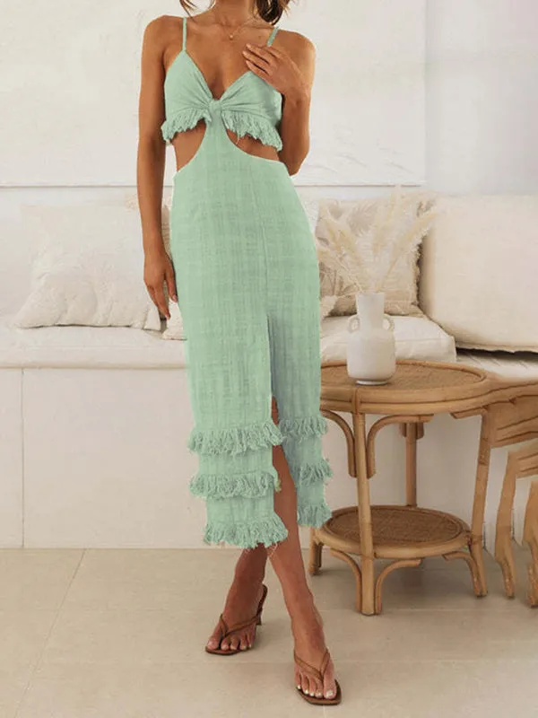 Backless Midi Dress with Ruffled Hem and Cut-Out Design