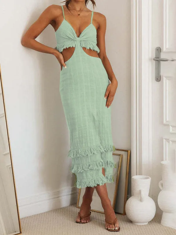 Backless Midi Dress with Ruffled Hem and Cut-Out Design