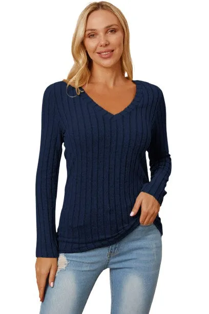 Basic Bae Ribbed V-Neck T-Shirt Long Sleeve Stylish Comfortable Slim Fit Casual