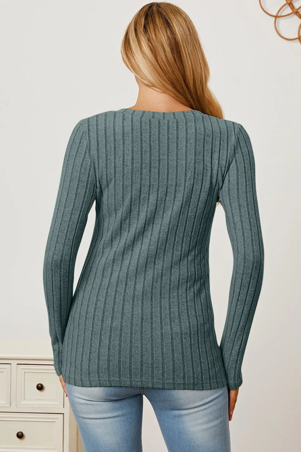 Basic Bae Ribbed V-Neck T-Shirt Long Sleeve Stylish Comfortable Slim Fit Casual