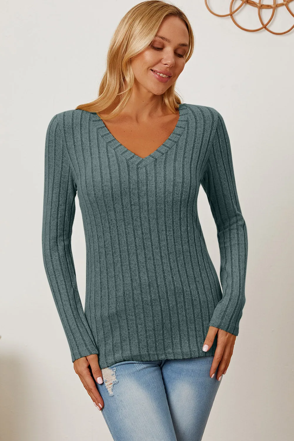 Basic Bae Ribbed V-Neck T-Shirt Long Sleeve Stylish Comfortable Slim Fit Casual
