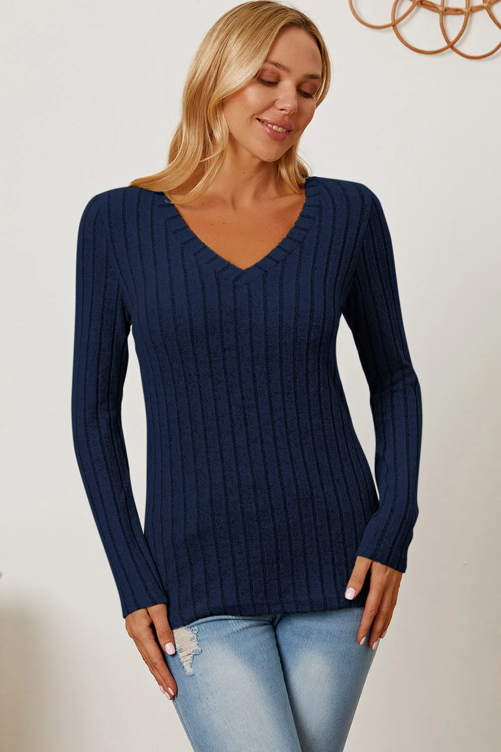 Basic Bae Ribbed V-Neck T-Shirt Long Sleeve Stylish Comfortable Slim Fit Casual