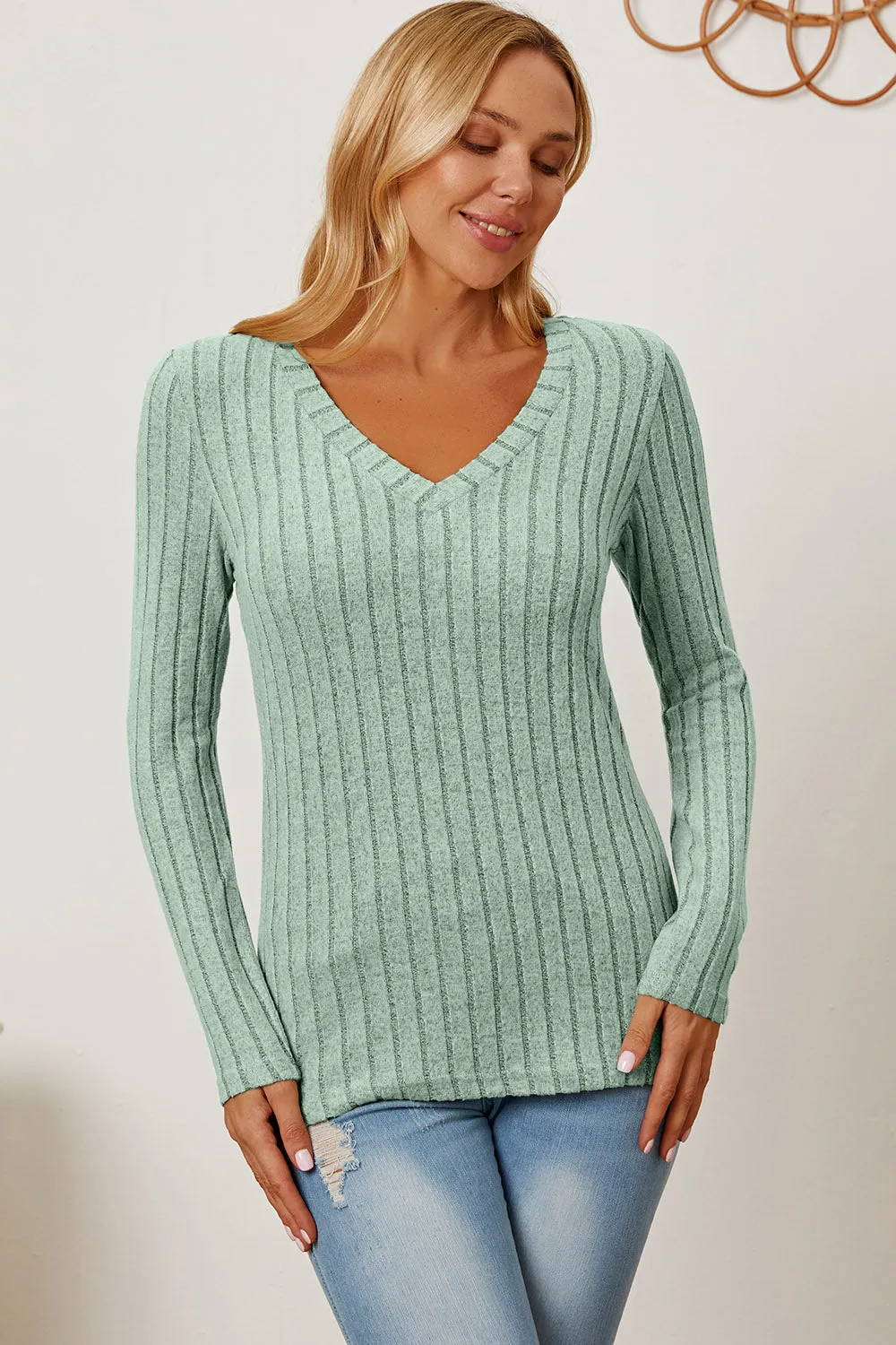 Basic Bae Ribbed V-Neck T-Shirt Long Sleeve Stylish Comfortable Slim Fit Casual
