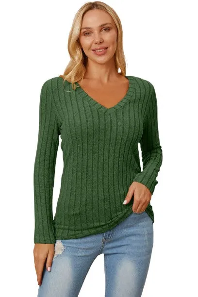 Basic Bae Ribbed V-Neck T-Shirt Long Sleeve Stylish Comfortable Slim Fit Casual