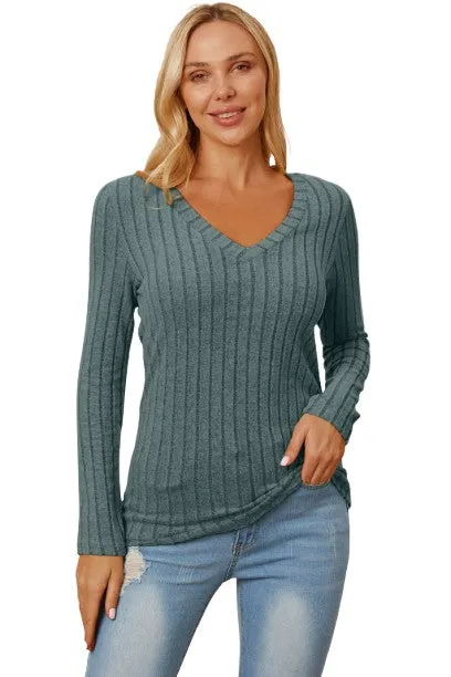 Basic Bae Ribbed V-Neck T-Shirt Long Sleeve Stylish Comfortable Slim Fit Casual