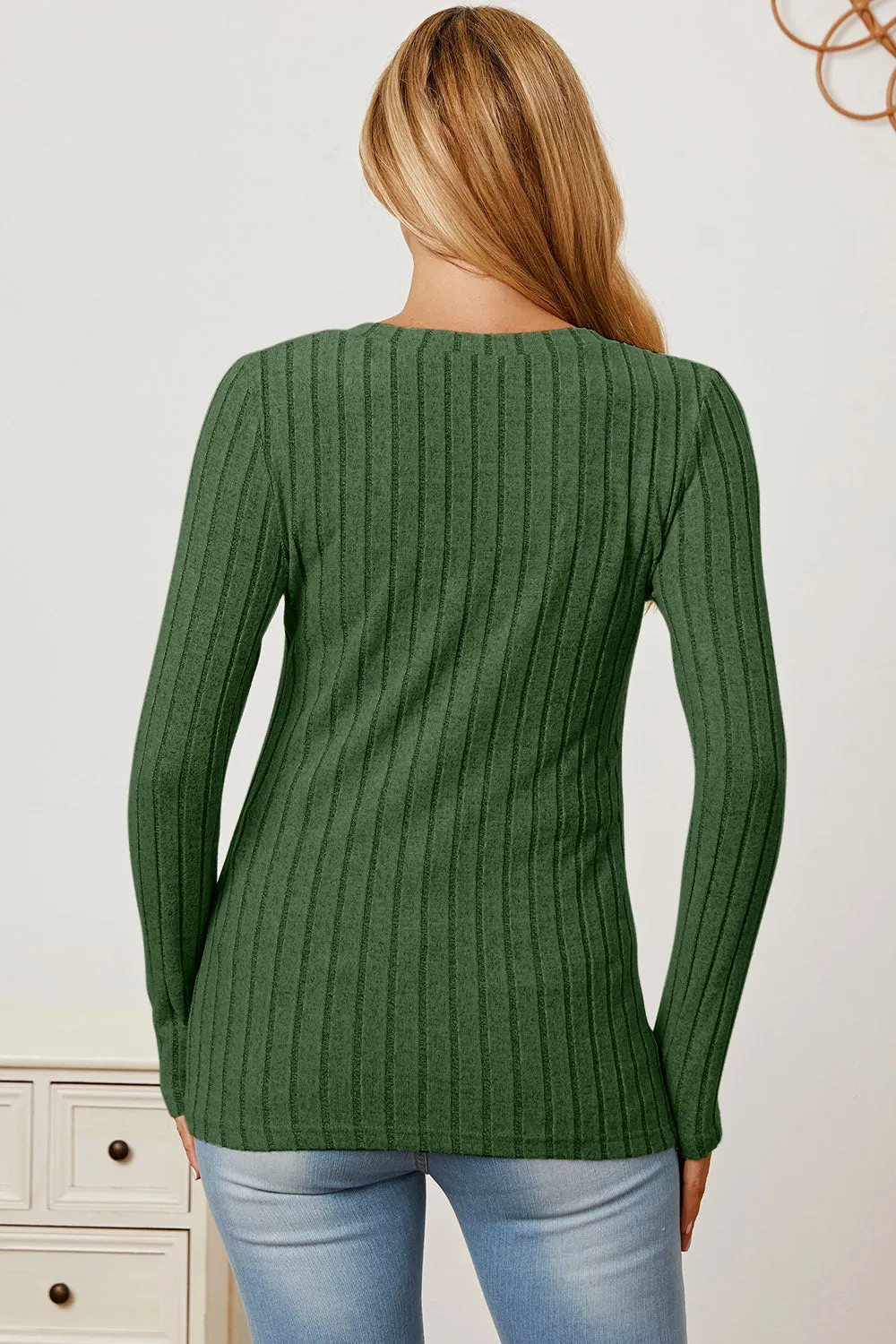 Basic Bae Ribbed V-Neck T-Shirt Long Sleeve Stylish Comfortable Slim Fit Casual