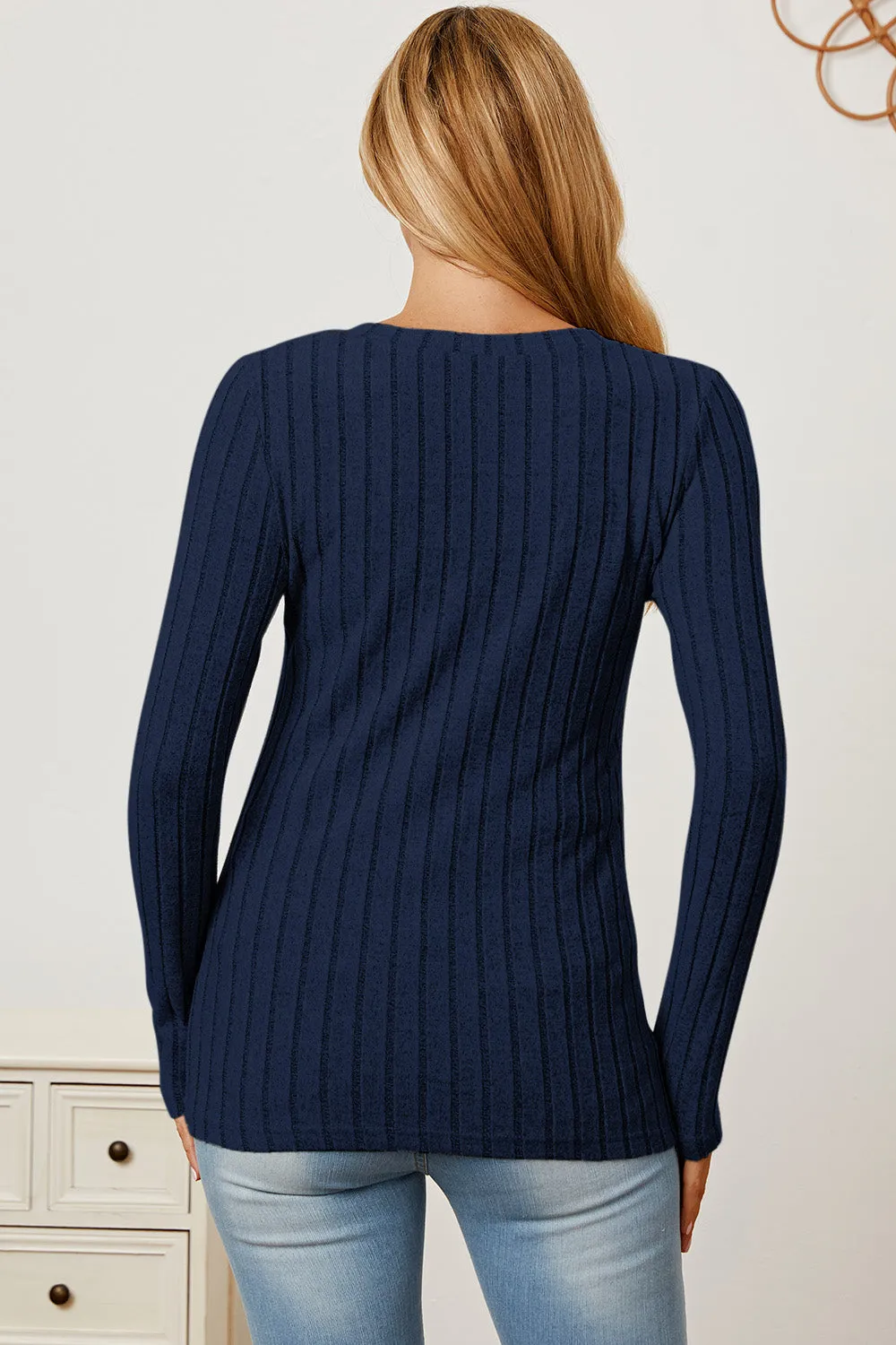 Basic Bae Ribbed V-Neck T-Shirt Long Sleeve Stylish Comfortable Slim Fit Casual
