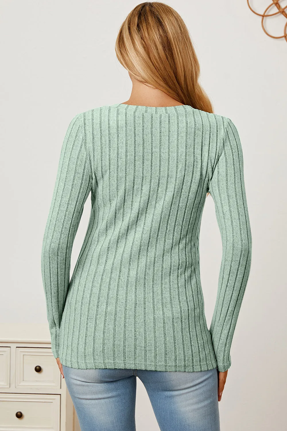 Basic Bae Ribbed V-Neck T-Shirt Long Sleeve Stylish Comfortable Slim Fit Casual