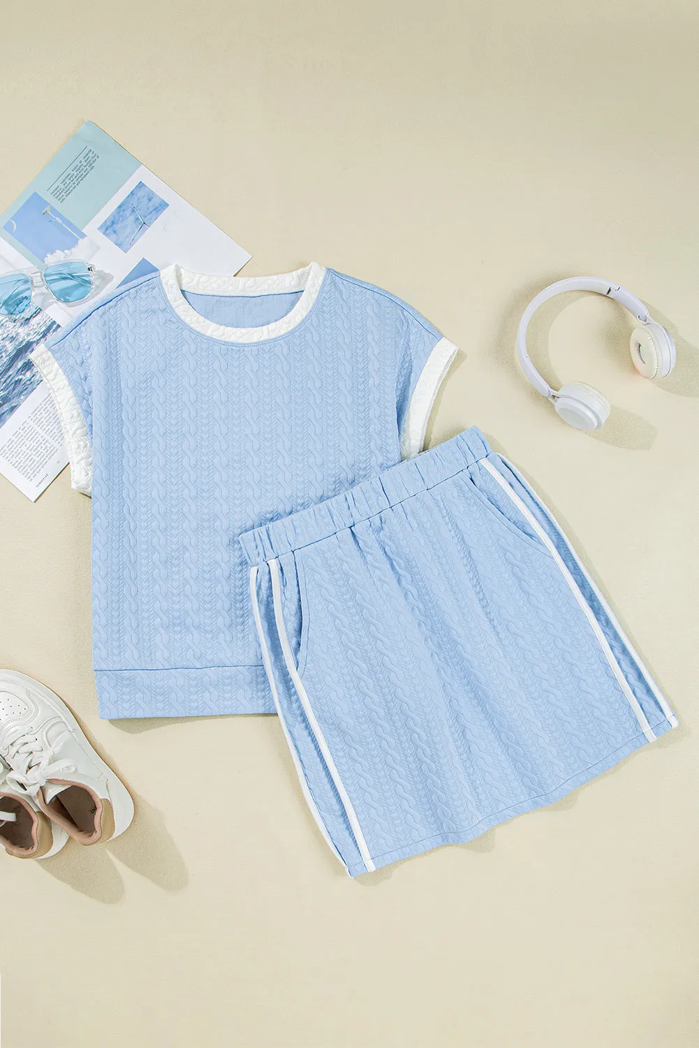 Beau Blue Contrast Trim Textured Crewneck Tee and Pocketed Skirt Set