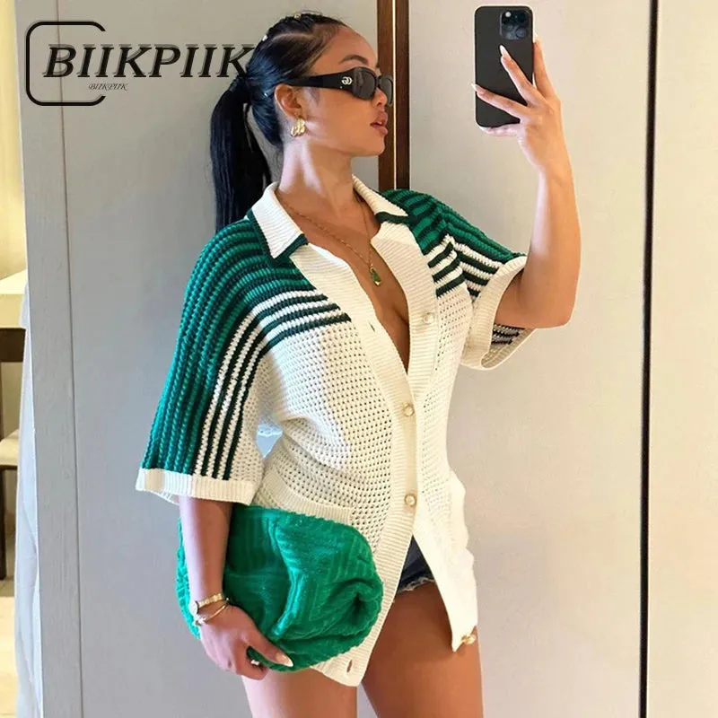 BIIKPIIK Fashion Striped Patchwork Long Tee Button Sexy Female Dresses