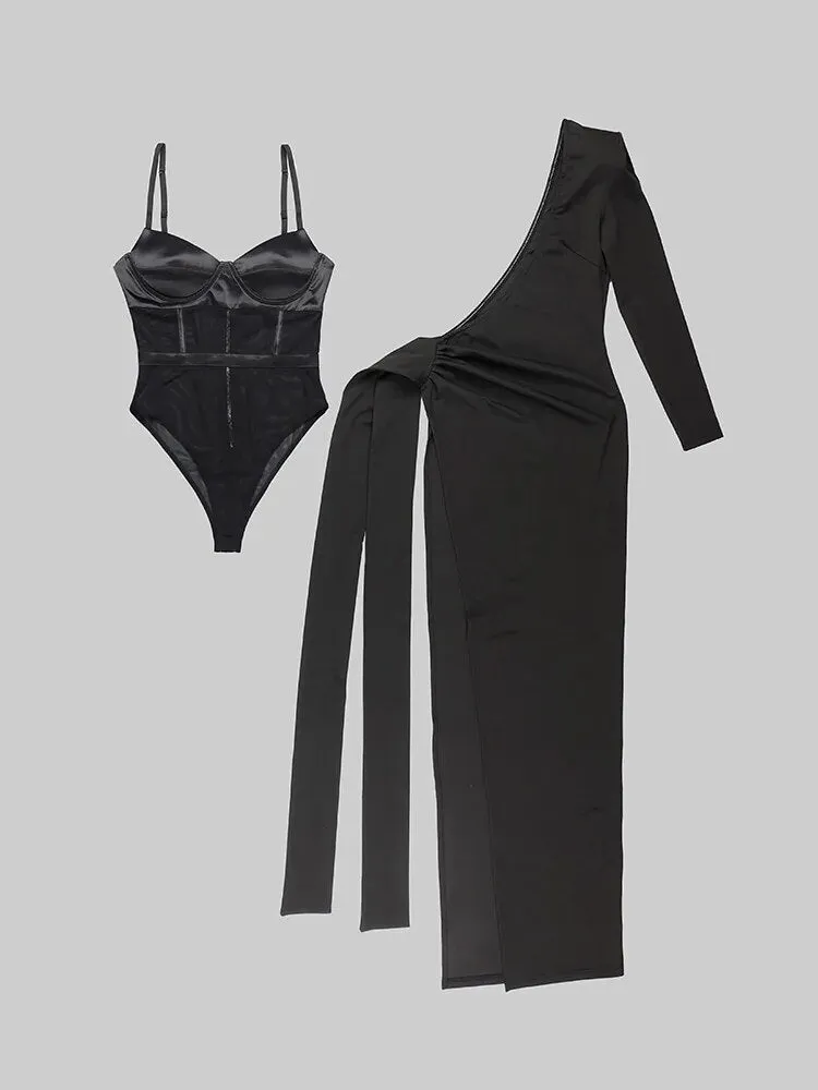 Black 2 Piece One Shoulder Long Sleeve Ruched Split Dress   Mesh Bodysuits
