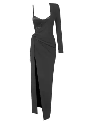 Black 2 Piece One Shoulder Long Sleeve Ruched Split Dress   Mesh Bodysuits