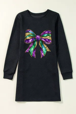 Black Bright Mardi Gras Bow Printed Textured Long Sleeve Mini Dress