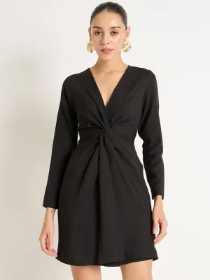 Black Front Twisted Knee Length Dress