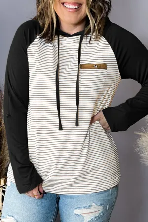 Black Green Striped Raglan Sleeve Buttoned Pocket Plus Size Hoodie