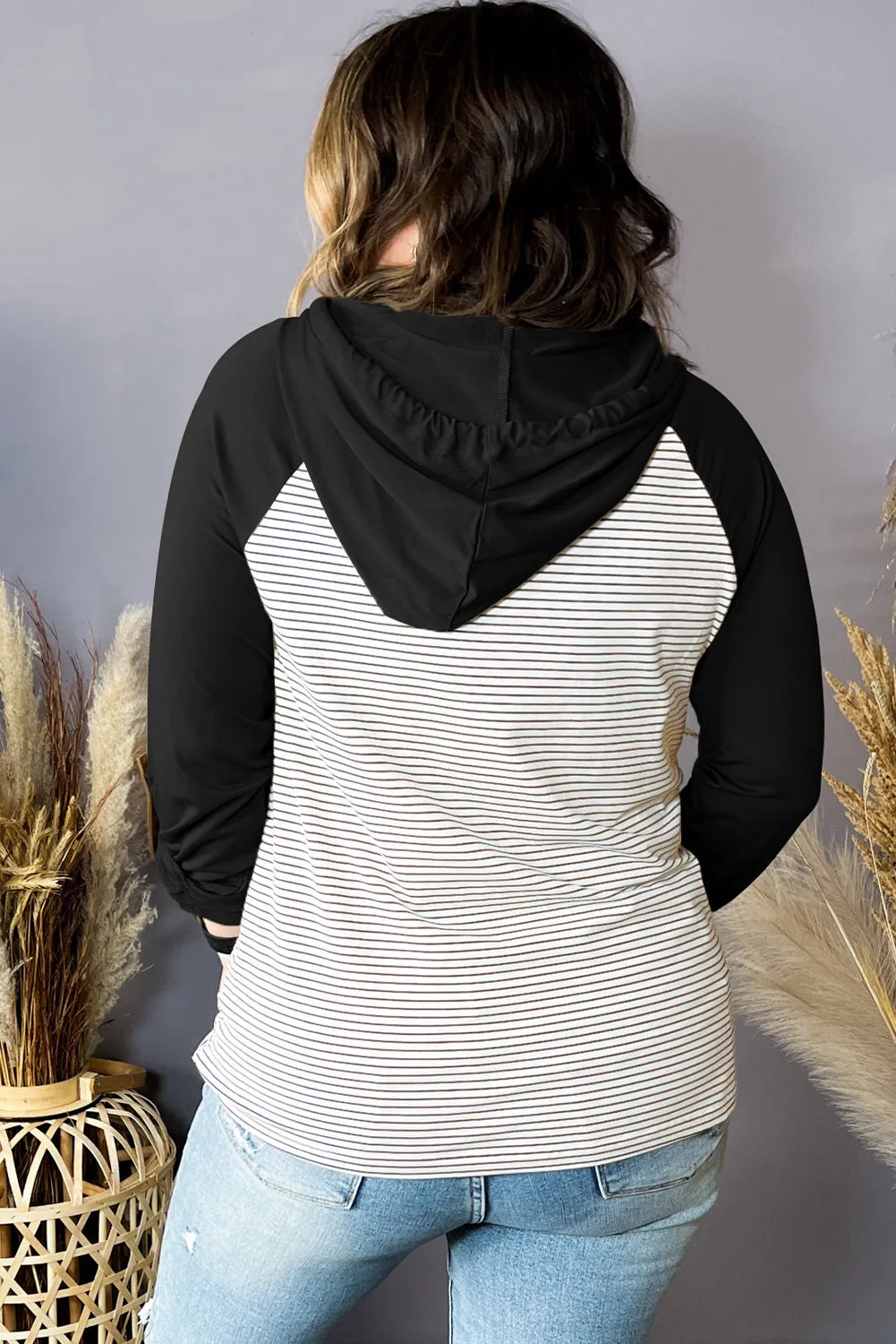 Black Green Striped Raglan Sleeve Buttoned Pocket Plus Size Hoodie