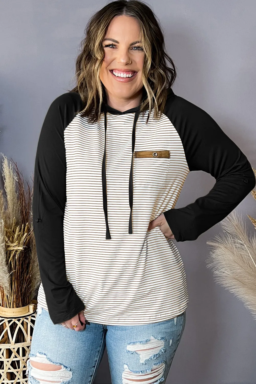 Black Green Striped Raglan Sleeve Buttoned Pocket Plus Size Hoodie