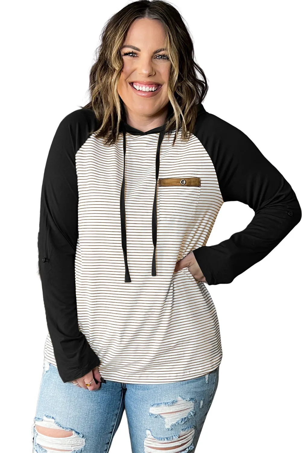 Black Green Striped Raglan Sleeve Buttoned Pocket Plus Size Hoodie
