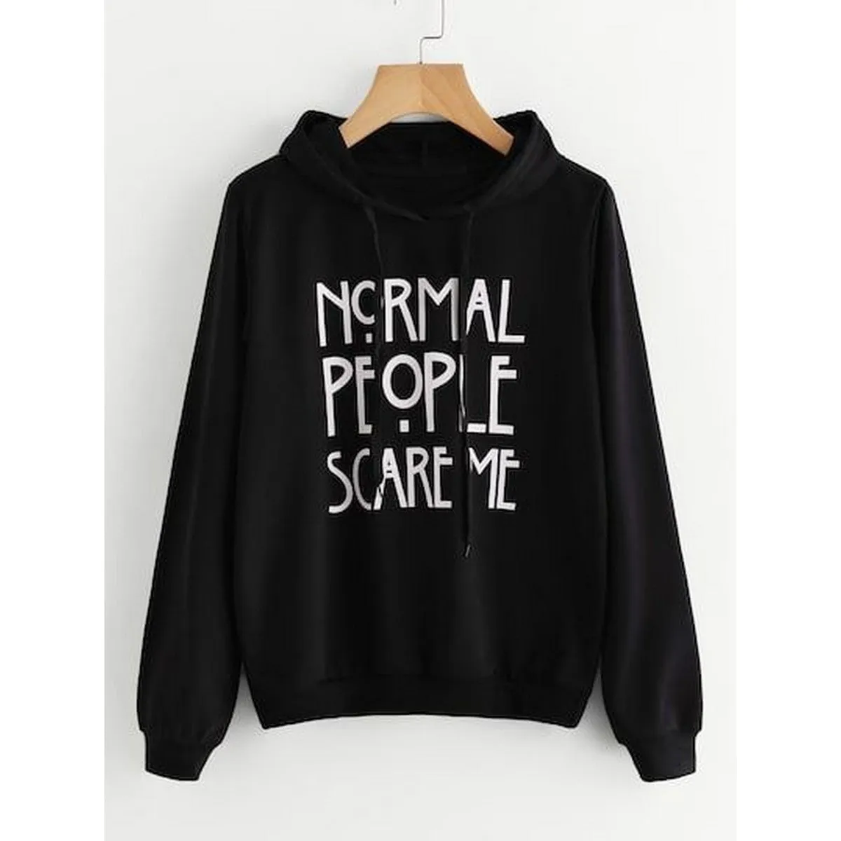 Black Normal People Scare Me  Printed Fleece Full Sleeves Pull Over Hoodie For Women
