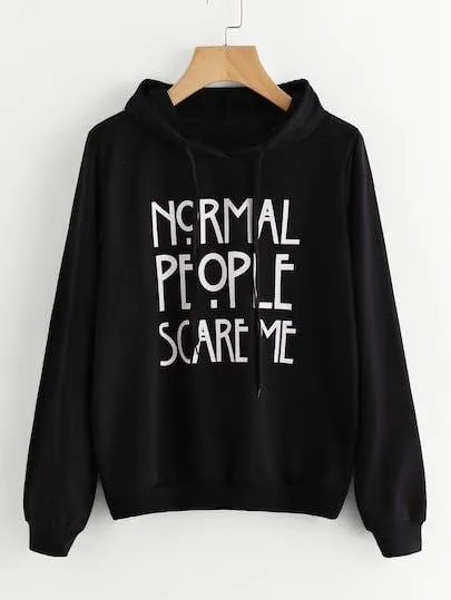 Black Normal People Scare Me  Printed Fleece Full Sleeves Pull Over Hoodie For Women