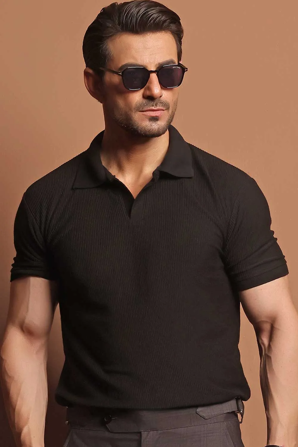 Black Plisse Johnny Collar Polo