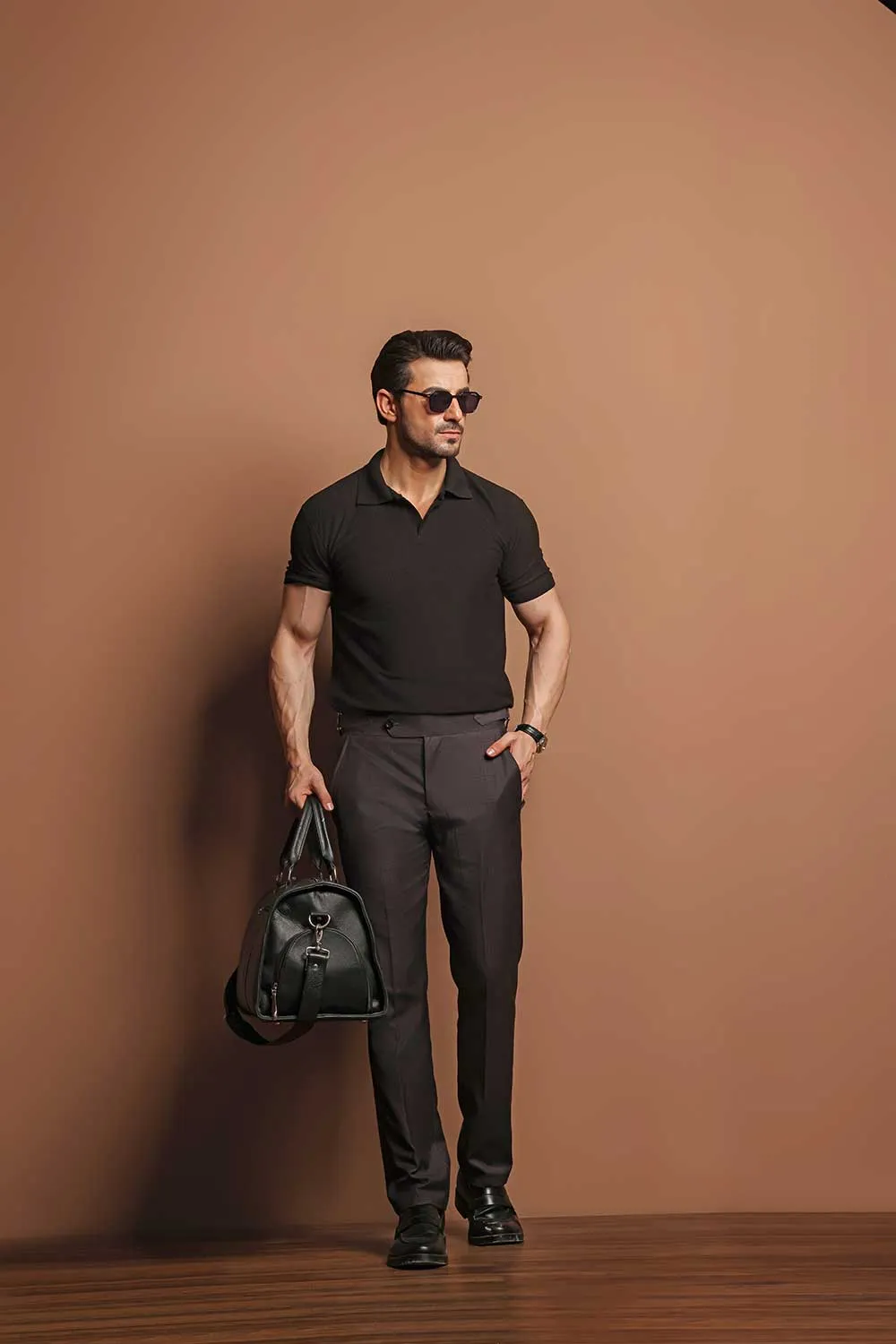 Black Plisse Johnny Collar Polo